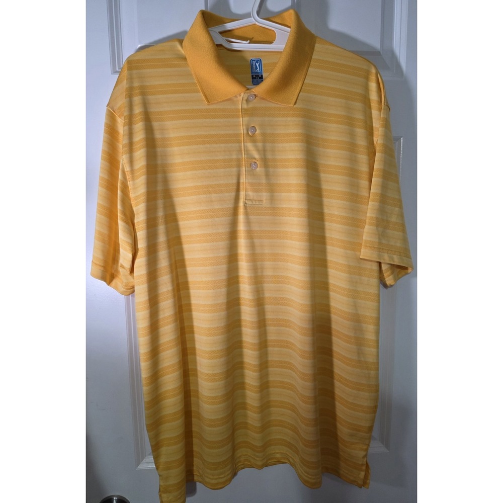 PGA TOUR Men's XL Gold Yellow Striped Golf Polo Shirt Short Sleeve Logo